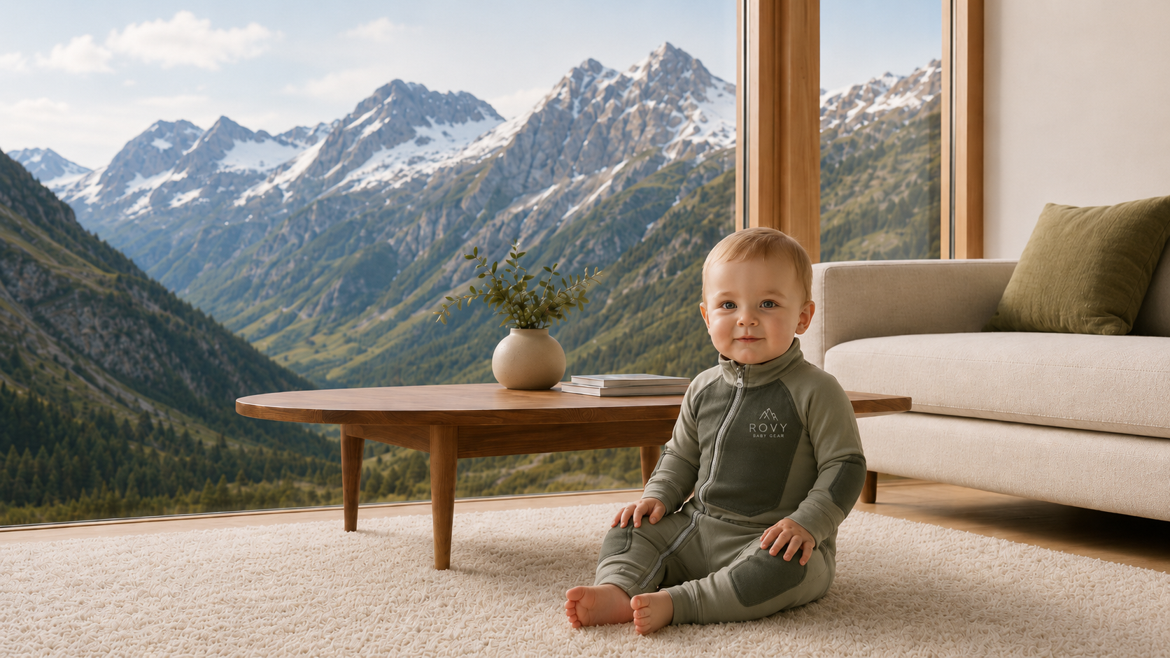 Baby wearing a ROVY moss green onesie sitting on a rug in a bright living room with floor-to-ceiling windows overlooking snow-capped mountains